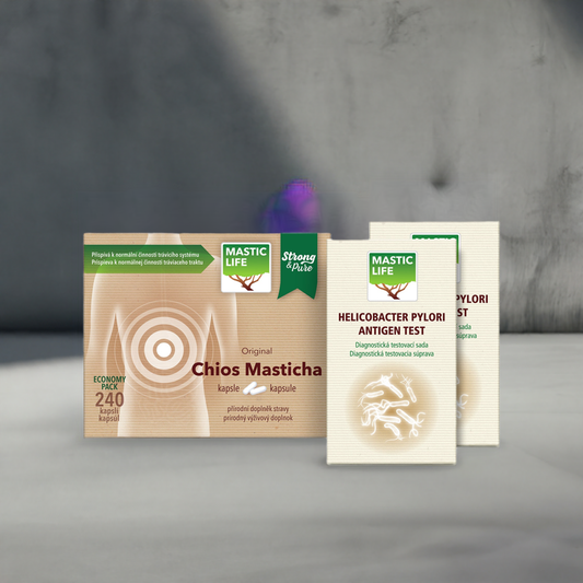 Test kału Helicobacter pylori + Mastyks (super set: 2 testy, 240 kapsułek)