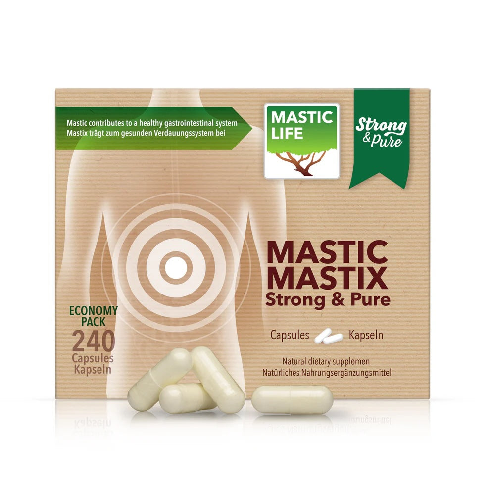 Mastic Strong&Pure – kapsułki zawierające w 100% czystą mastykę z Chios, dostępne w opakowaniach o różnej wielkości